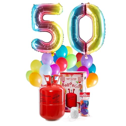 PARTY FACTORY Helium Geburtstags-Komplettset "50" - mit XXL Zahlenballons, 0,4m³ Ballongas, Ballonschnur & 30 bunten Latexballons - für Geburtstag, Jubiläum, Jahrestag - versch. Farben (Regenbogen) von Party Factory