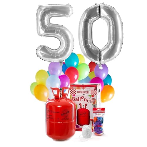 PARTY FACTORY Helium Geburtstags-Komplettset "50" - mit XXL Zahlenballons, 0,4m³ Ballongas, Ballonschnur & 30 bunten Latexballons - für Geburtstag, Jubiläum, Jahrestag - versch. Farben (Silber) von Party Factory
