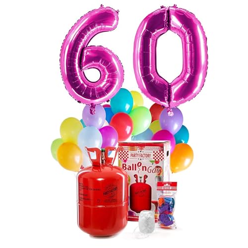 Party Factory `Happy 60´ Helium Komplett-Set, 2 pinke XXL Zahlenballons, 30 bunte Latexballons, 400l Ballongas und 40m Ballonschnur von Party Factory