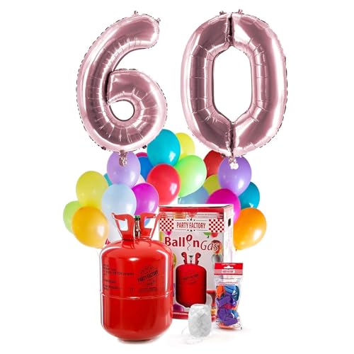 Party Factory `Happy 60´ Helium Komplett-Set, 2 rosa XXL Zahlenballons, 30 bunte Latexballons, 400l Ballongas und 40m Ballonschnur von Party Factory