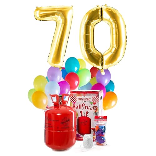 Party Factory `Happy 70´ Helium Komplett-Set, 2 goldene XXL Zahlenballons, 30 bunte Latexballons, 400l Ballongas und 40m Ballonschnur von Party Factory