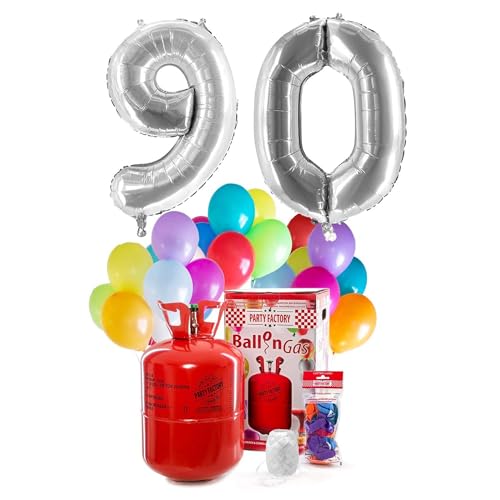 Party Factory `Happy 90´ Helium Komplett-Set, 2 silberne XXL Zahlenballons, 30 bunte Latexballons, 400l Ballongas und 40m Ballonschnur von Party Factory