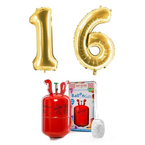 PARTY FACTORY Helium Set "16" mit XXL Zahlenballons, Ballongas und Ballonschnur - für Geburtstag, Jubiläum, Jahrestag; Gold, Silber, Schwarz, Pink, Rosa, Rosagold, Bunt (Gold) von Party Factory