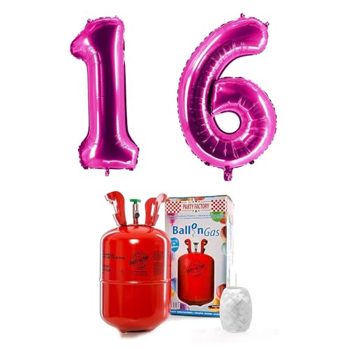 PARTY FACTORY Helium Set "16" mit XXL Zahlenballons, Ballongas und Ballonschnur - für Geburtstag, Jubiläum, Jahrestag; Gold, Silber, Schwarz, Pink, Rosa, Rosagold, Bunt (Pink) von Party Factory