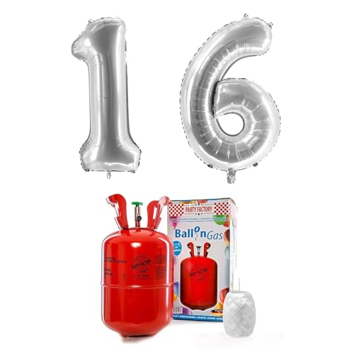 PARTY FACTORY Helium Set "16" mit XXL Zahlenballons, Ballongas und Ballonschnur - für Geburtstag, Jubiläum, Jahrestag; Gold, Silber, Schwarz, Pink, Rosa, Rosagold, Bunt (Silber) von Party Factory