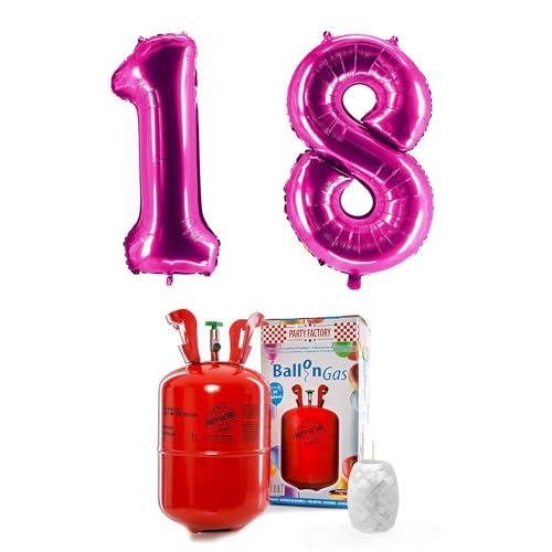 PARTY FACTORY Helium Set "18" mit XXL Zahlenballons, Ballongas und Ballonschnur - für Geburtstag, Jubiläum, Jahrestag; Gold, Silber, Schwarz, Pink, Rosa, Rosagold, Bunt (Pink) von Party Factory