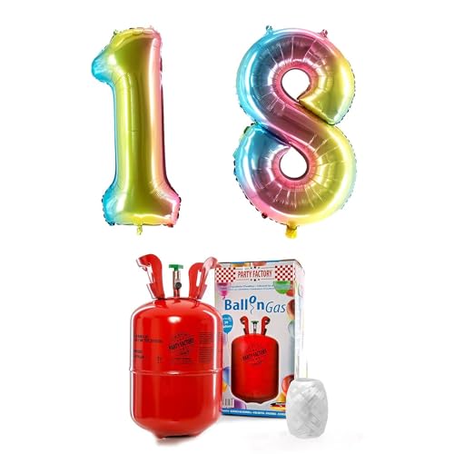 PARTY FACTORY Helium Set "18" mit XXL Zahlenballons, Ballongas und Ballonschnur - für Geburtstag, Jubiläum, Jahrestag; Gold, Silber, Schwarz, Pink, Rosa, Rosagold, Bunt (Regenbogen) von Party Factory