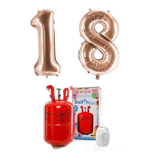 PARTY FACTORY Helium Set "18" mit XXL Zahlenballons, Ballongas und Ballonschnur - für Geburtstag, Jubiläum, Jahrestag; Gold, Silber, Schwarz, Pink, Rosa, Rosagold, Bunt (Roségold) von Party Factory