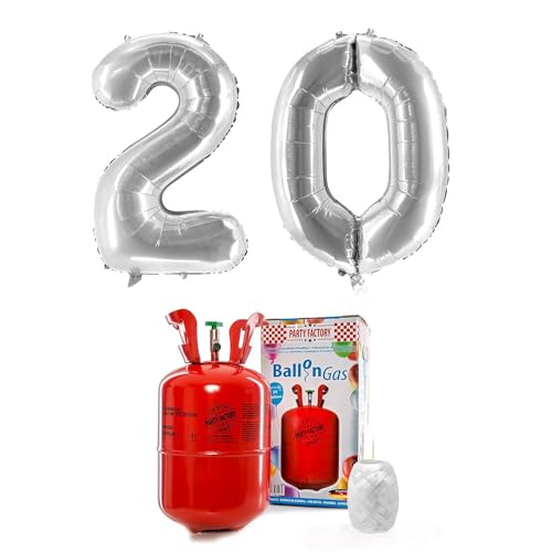 PARTY FACTORY Helium Set "20" mit XXL Zahlenballons, Ballongas und Ballonschnur - für Geburtstag, Jubiläum, Jahrestag; Gold, Silber, Schwarz, Pink, Rosa, Rosagold, Bunt (Silber) von Party Factory