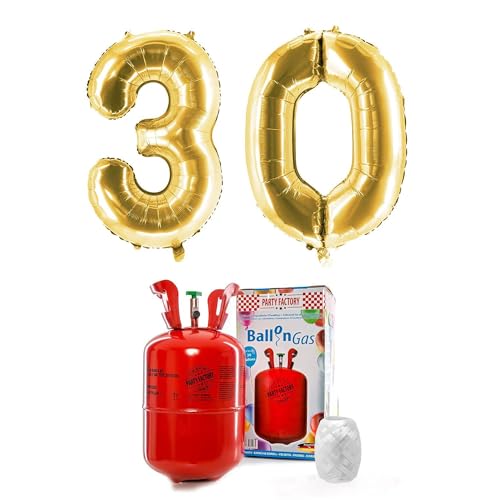 PARTY FACTORY Helium Set "30" mit XXL Zahlenballons, Ballongas und Ballonschnur - für Geburtstag, Jubiläum, Jahrestag; Gold, Silber, Schwarz, Pink, Rosa, Rosagold, Bunt (Gold) von Party Factory