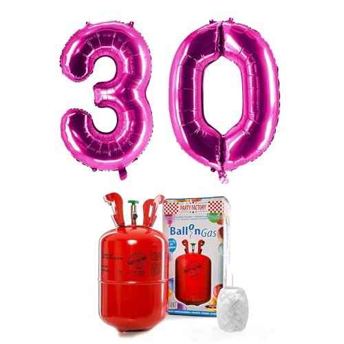 PARTY FACTORY Helium Set "30" mit XXL Zahlenballons, Ballongas und Ballonschnur - für Geburtstag, Jubiläum, Jahrestag; Gold, Silber, Schwarz, Pink, Rosa, Rosagold, Bunt (Pink) von Party Factory