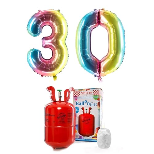 PARTY FACTORY Helium Set "30" mit XXL Zahlenballons, Ballongas und Ballonschnur - für Geburtstag, Jubiläum, Jahrestag; Gold, Silber, Schwarz, Pink, Rosa, Rosagold, Bunt (Regenbogen) von Party Factory