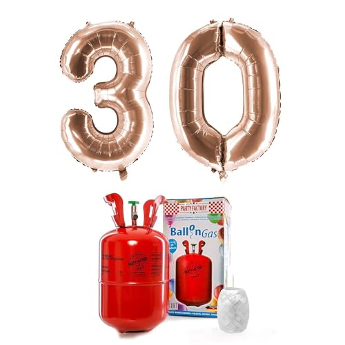 PARTY FACTORY Helium Set "30" mit XXL Zahlenballons, Ballongas und Ballonschnur - für Geburtstag, Jubiläum, Jahrestag; Gold, Silber, Schwarz, Pink, Rosa, Rosagold, Bunt (Roségold) von Party Factory