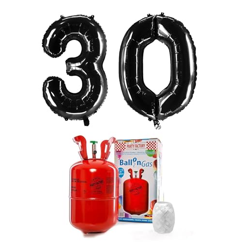 PARTY FACTORY Helium Set "30" mit XXL Zahlenballons, Ballongas und Ballonschnur - für Geburtstag, Jubiläum, Jahrestag; Gold, Silber, Schwarz, Pink, Rosa, Rosagold, Bunt (Schwarz) von Party Factory