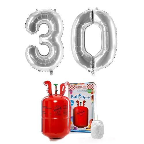 PARTY FACTORY Helium Set "30" mit XXL Zahlenballons, Ballongas und Ballonschnur - für Geburtstag, Jubiläum, Jahrestag; Gold, Silber, Schwarz, Pink, Rosa, Rosagold, Bunt (Silber) von Party Factory