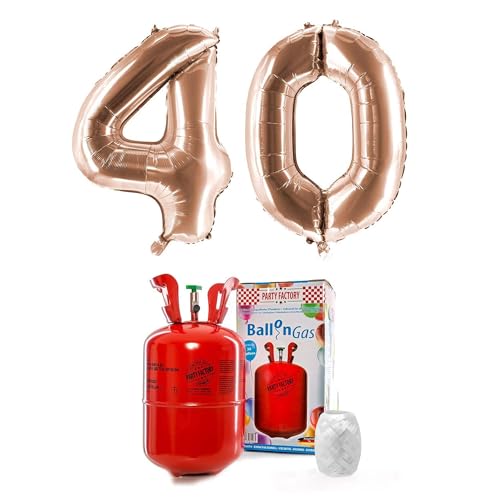 PARTY FACTORY Helium Set "40" mit XXL Zahlenballons, Ballongas und Ballonschnur - für Geburtstag, Jubiläum, Jahrestag; Gold, Silber, Schwarz, Pink, Rosa, Rosagold, Bunt (Roségold) von Party Factory