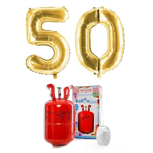PARTY FACTORY Helium Set "50" mit XXL Zahlenballons, Ballongas und Ballonschnur - für Geburtstag, Jubiläum, Jahrestag; Gold, Silber, Schwarz, Pink, Rosa, Rosagold, Bunt (Gold) von Party Factory