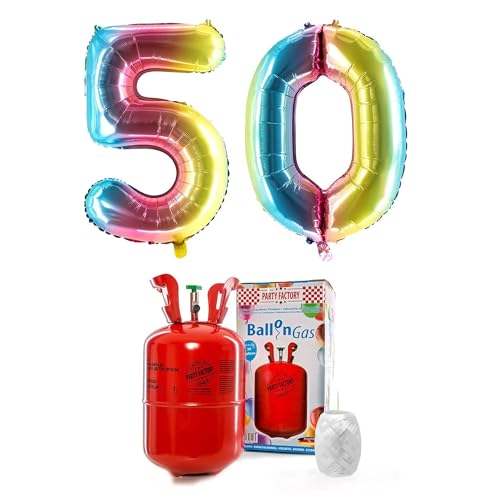 PARTY FACTORY Helium Set "50" mit XXL Zahlenballons, Ballongas und Ballonschnur - für Geburtstag, Jubiläum, Jahrestag; Gold, Silber, Schwarz, Pink, Rosa, Rosagold, Bunt (Regenbogen) von Party Factory