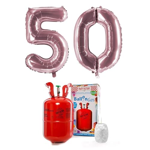 PARTY FACTORY Helium Set "50" mit XXL Zahlenballons, Ballongas und Ballonschnur - für Geburtstag, Jubiläum, Jahrestag; Gold, Silber, Schwarz, Pink, Rosa, Rosagold, Bunt (Rosé) von Party Factory