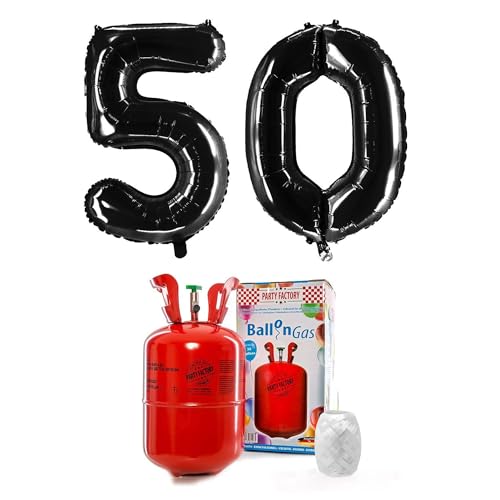 PARTY FACTORY Helium Set "50" mit XXL Zahlenballons, Ballongas und Ballonschnur - für Geburtstag, Jubiläum, Jahrestag; Gold, Silber, Schwarz, Pink, Rosa, Rosagold, Bunt (Schwarz) von Party Factory
