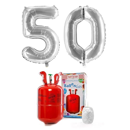 PARTY FACTORY Helium Set "50" mit XXL Zahlenballons, Ballongas und Ballonschnur - für Geburtstag, Jubiläum, Jahrestag; Gold, Silber, Schwarz, Pink, Rosa, Rosagold, Bunt (Silber) von Party Factory