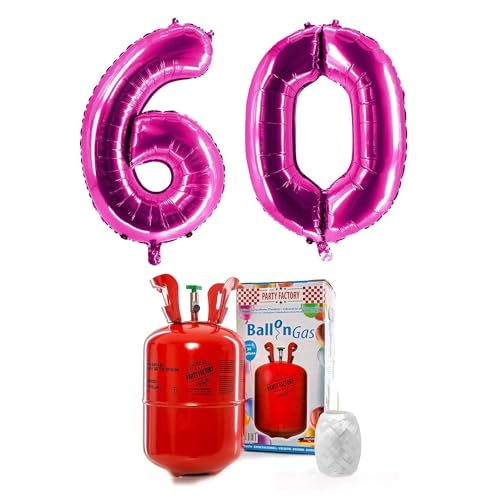 PARTY FACTORY Helium Set "60" mit XXL Zahlenballons, Ballongas und Ballonschnur - für Geburtstag, Jubiläum, Jahrestag; Gold, Silber, Schwarz, Pink, Rosa, Rosagold, Bunt (Pink) von Party Factory