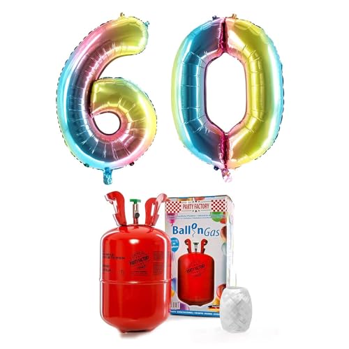 PARTY FACTORY Helium Set "60" mit XXL Zahlenballons, Ballongas und Ballonschnur - für Geburtstag, Jubiläum, Jahrestag; Gold, Silber, Schwarz, Pink, Rosa, Rosagold, Bunt (Regenbogen) von Party Factory
