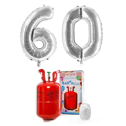 PARTY FACTORY Helium Set "60" mit XXL Zahlenballons, Ballongas und Ballonschnur - für Geburtstag, Jubiläum, Jahrestag; Gold, Silber, Schwarz, Pink, Rosa, Rosagold, Bunt (Silber) von Party Factory