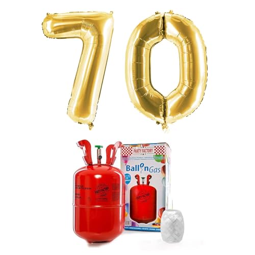 PARTY FACTORY Helium Set "70" mit XXL Zahlenballons, Ballongas und Ballonschnur - für Geburtstag, Jubiläum, Jahrestag; Gold, Silber, Schwarz, Pink, Rosa, Rosagold, Bunt (Gold) von Party Factory