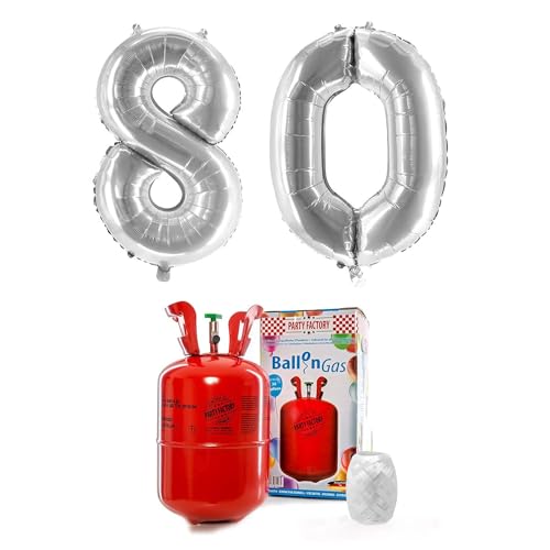 PARTY FACTORY Helium Set "80" mit XXL Zahlenballons, Ballongas und Ballonschnur - für Geburtstag, Jubiläum, Jahrestag; Gold, Silber, Schwarz, Pink, Rosa, Rosagold, Bunt (Silber) von Party Factory