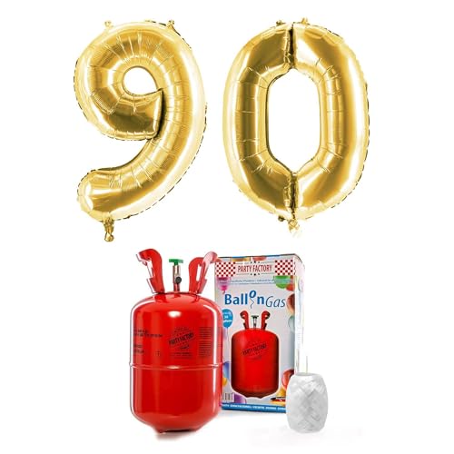 PARTY FACTORY Helium Set "90" mit XXL Zahlenballons, Ballongas und Ballonschnur - für Geburtstag, Jubiläum, Jahrestag; Gold, Silber, Schwarz, Pink, Rosa, Rosagold, Bunt (Gold) von Party Factory