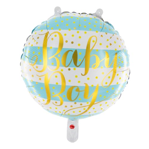 Party Factory Folienballon `Boy´, blau gestreift mit Konfetti, Ø 45cm, XXL Luftballon Baby, Heliumballon zur Geburt, Babyparty von Party Factory