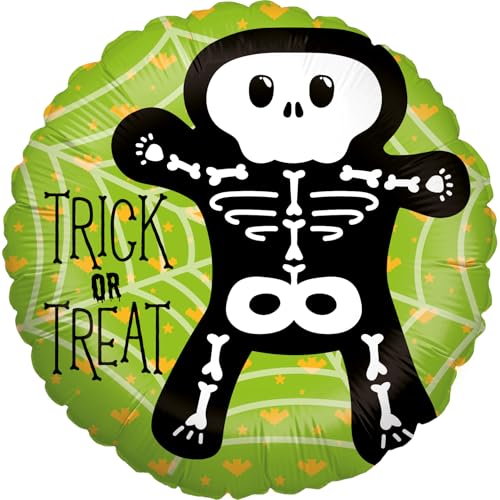 Party Factory Folienballon Halloween Skelett 45 cm, Rund, Grün, Ballon Helium geeignet, Gruseldeko, Luftballon für Halloweenparty und Mottoparty von Party Factory