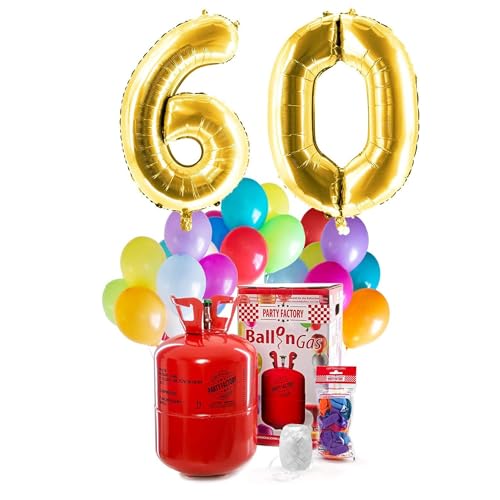 Party Factory `Happy 60´ Helium Komplett-Set, 2 goldene XXL Zahlenballons, 30 bunte Latexballons, 400l Ballongas und 40m Ballonschnur von Party Factory