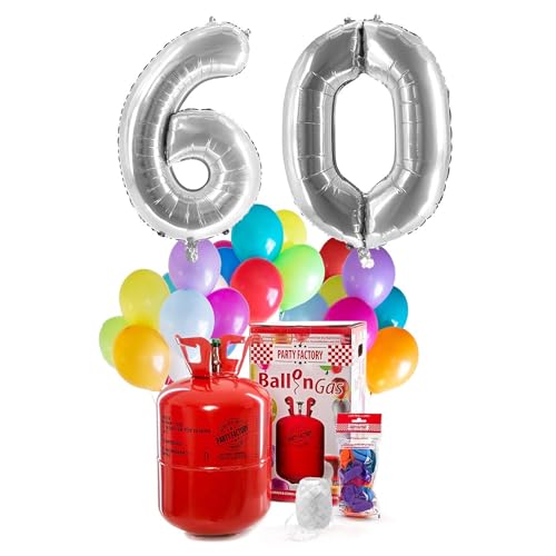 Party Factory `Happy 60´ Helium Komplett-Set, 2 silberne XXL Zahlenballons, 30 bunte Latexballons, 400l Ballongas und 40m Ballonschnur Party Factory `Happy 60´ Helium Komplett-Set, 2 silberne XXL Zahlenballons, 30 bunte Latexballons, 400l Ballongas und 40m Ballonschnur von Party Factory