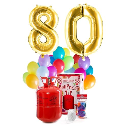 Party Factory `Happy 80´ Helium Komplett-Set, 2 goldene XXL Zahlenballons, 30 bunte Latexballons, 400l Ballongas und 40m Ballonschnur Party Factory `Happy 80´ Helium Komplett-Set, 2 goldene XXL Zahlenballons, 30 bunte Latexballons, 400l Ballongas und 40m Ballonschnur von Party Factory