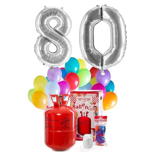 Party Factory `Happy 80´ Helium Komplett-Set, 2 silberne XXL Zahlenballons, 30 bunte Latexballons, 400l Ballongas und 40m Ballonschnur Party Factory `Happy 80´ Helium Komplett-Set, 2 silberne XXL Zahlenballons, 30 bunte Latexballons, 400l Ballongas und 40m Ballonschnur von Party Factory