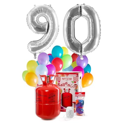 Party Factory `Happy 90´ Helium Komplett-Set, 2 silberne XXL Zahlenballons, 30 bunte Latexballons, 400l Ballongas und 40m Ballonschnur Party Factory `Happy 90´ Helium Komplett-Set, 2 silberne XXL Zahlenballons, 30 bunte Latexballons, 400l Ballongas und 40m Ballonschnur von Party Factory