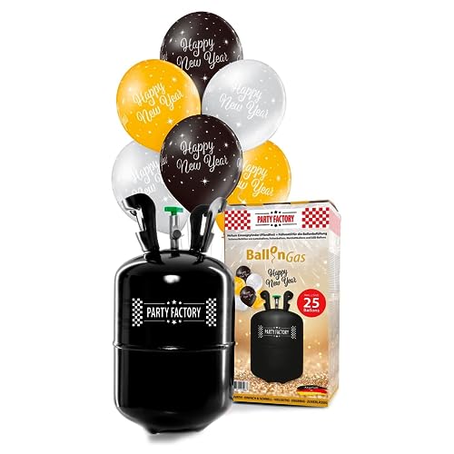 Party Factory `Happy New Year´ Komplett-Set, 25 Latexballons in Gold/Silber/Schwarz inkl. Ballongas und Schnur für Silvester von Party Factory