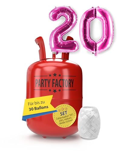 Party Factory – Helium Gasflasche 200L im Set mit XXL Zahlenballon "20" Pink – Partydeko Ballongas Flasche mit Folienballon & 40 m weißer Ballonschnur – Einwegflaschen mit Knick-Füllventil von Party Factory