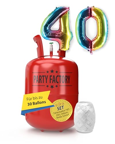 Party Factory – Helium Gasflasche 200L im Set mit XXL Zahlenballon "40" Regenbogen – Partydeko Ballongas Flasche mit Folienballon & 40 m weißer Ballonschnur – Einwegflaschen mit Knick-Füllventil von Party Factory