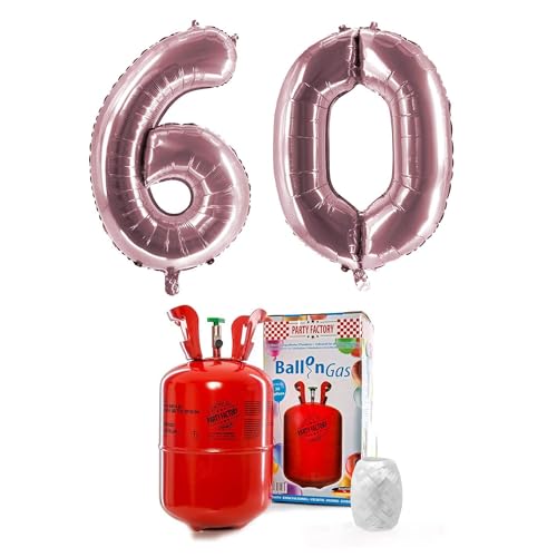 Party Factory – Helium Gasflasche 200L im Set mit XXL Zahlenballon "60" Rosé – Partydeko Ballongas Flasche mit Folienballon & 40 m weißer Ballonschnur – Einwegflaschen mit Knick-Füllventil Party Factory – Helium Gasflasche 200L im Set mit XXL Zahlenballon "60" Rosé – Partydeko Ballongas Flasche mit Folienballon & 40 m weißer Ballonschnur – Einwegflaschen mit Knick-Füllventil von Party Factory