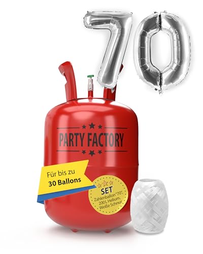 Party Factory – Helium Gasflasche 200L im Set mit XXL Zahlenballon "70" Silber – Partydeko Ballongas Flasche mit Folienballon & 40 m weißer Ballonschnur – Einwegflaschen mit Knick-Füllventil von Party Factory