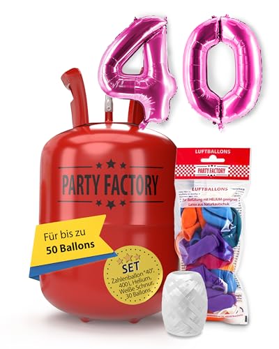 Party Factory – Helium Gasflasche 400L Komplett Set mit XXL Zahlenballon "40" Pink – Partydeko Ballongas Flasche mit Folienballon, 30 Latexballons & 40m Ballonschnur – Für Geburtstage & Feiern von Party Factory