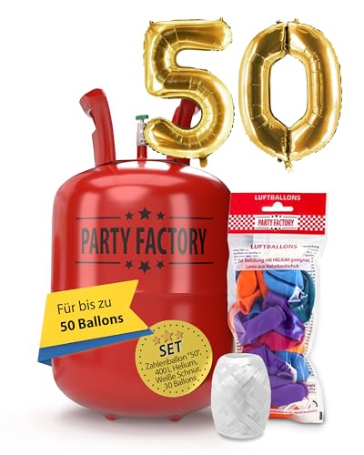 Party Factory – Helium Gasflasche 400L Komplett Set mit XXL Zahlenballon "50" Gold – Partydeko Ballongas Flasche mit Folienballon, 30 Latexballons & 40m Ballonschnur – Für Geburtstage & Feiern von Party Factory