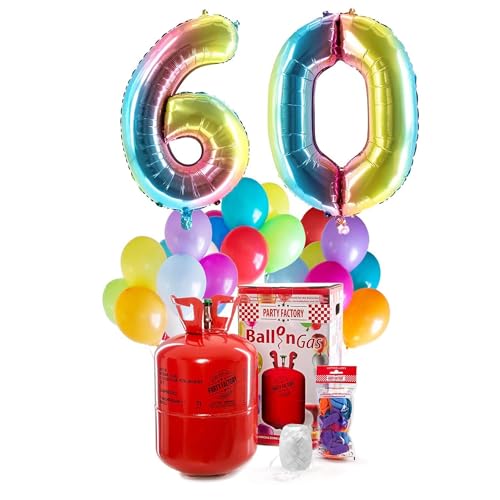 Party Factory Helium Geburtstags-Komplettset "60", mit XXL Zahlenballons, 0,4m³ Ballongas, Ballonschnur & 30 bunten Latexballons - für Geburtstag, Jubiläum, Jahrestag - versch. Farben (Regenbogen) von Party Factory