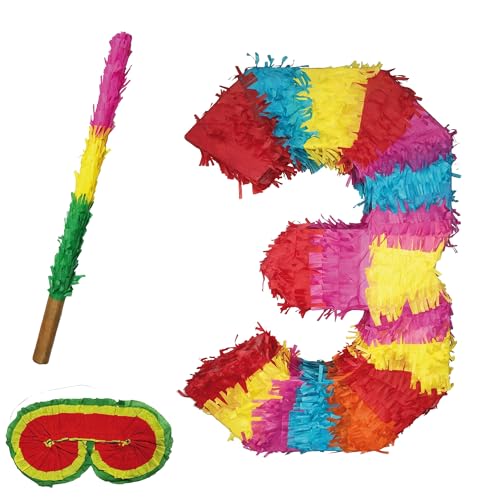 Pinata Zahlen Set 0-9 + Stab + Augenmaske Kinder Geburtstag Schlag-Pinata 50 x 35 x 8cm Dekoration Geburtstagsdeko (3) von Party Factory