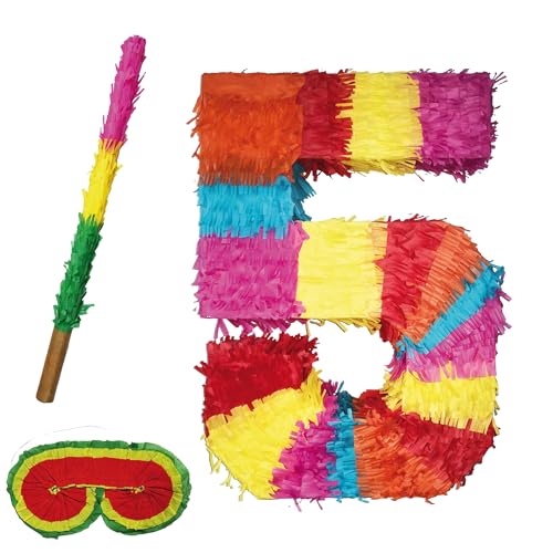 Pinata Zahlen Set 0-9 + Stab + Augenmaske Kinder Geburtstag Schlag-Pinata 50 x 35 x 8cm Dekoration Geburtstagsdeko (5) von Party Factory