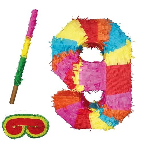 Party Factory Pinata Zahlen Set 0-9 + Stab + Augenmaske Kinder Geburtstag Schlag-Pinata 50 x 35 x 8cm Dekoration Geburtstagsdeko (9) von Party Factory