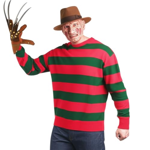 Party HuB Rot & Grün gestreifter Pullover, Fedora-Hut & Krallenhandschuh Kostüm-Set für Erwachsene Herren Halloween Horror Verkleidung Cosplay Outfit Party HuB Rot & Grün gestreifter Pullover, Fedora-Hut & Krallenhandschuh Kostüm-Set für Erwachsene Herren Halloween Horror Verkleidung Cosplay Outfit von Party HuB